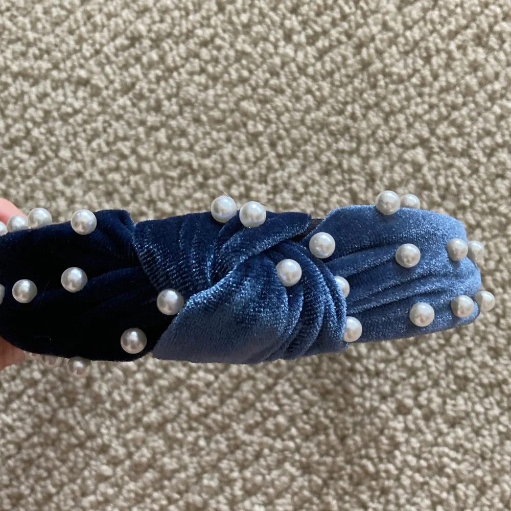 Blue Velvet Headband with Faux Pearls